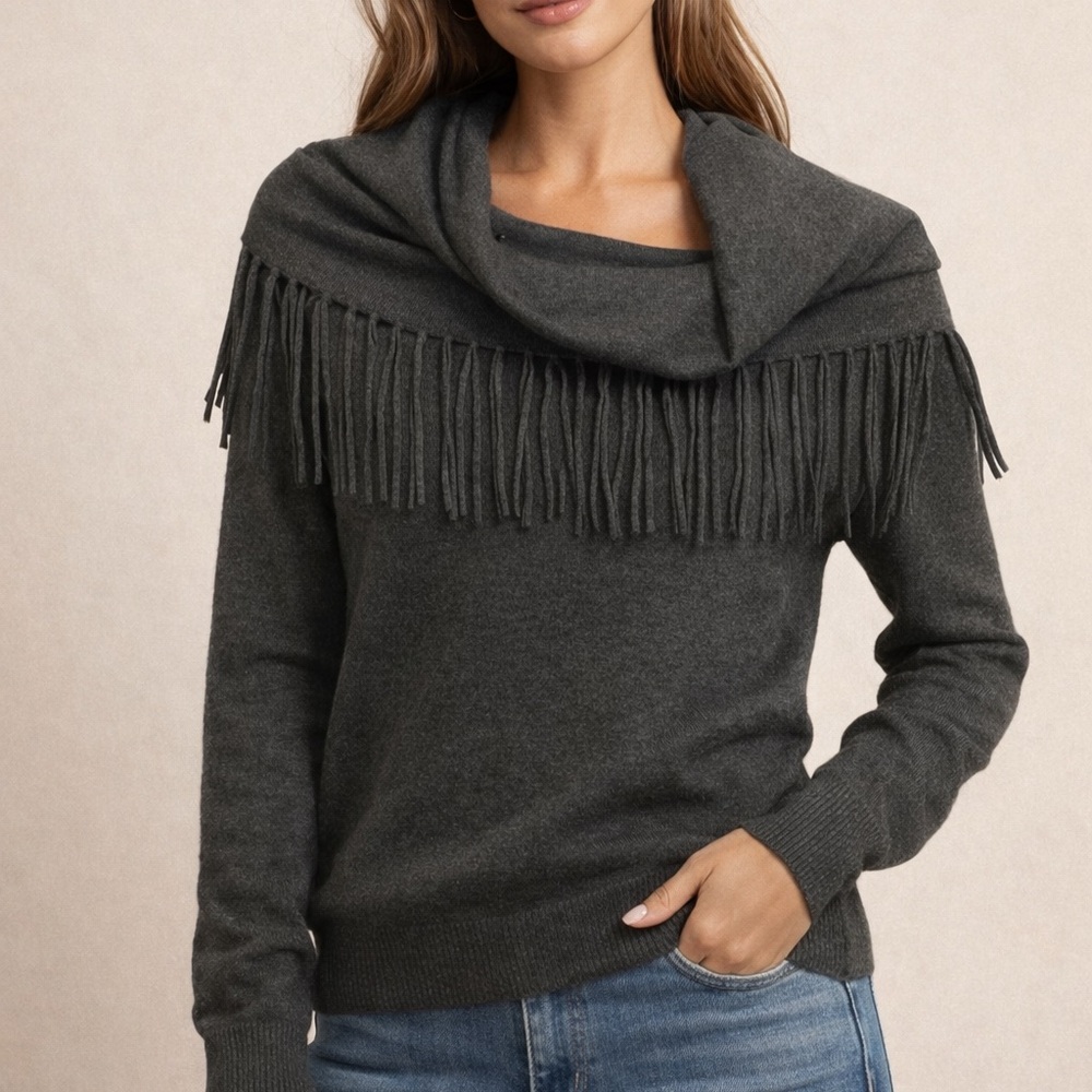 Michael Kors Fringe Cowl Neck Sweater – Size Small – Charcoal Gray